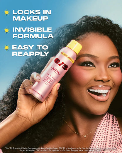 ONE/SIZE On ’Til Dawn Mattifying Sunscreen Makeup Setting Spray SPF 28 Travel Size 1.05 oz - Sets Makeup for 16hrs, Sweat Resistant, Water Resistant, Easy to Reapply