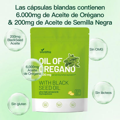 Aceite de Orégano 300 Cápsulas con Aceite de Semilla Negra | Antioxidantes Naturales para la Forma Física | Apoyo Nutricional | Suplemento Alimenticio Comestible Botánico de Alta Eficacia